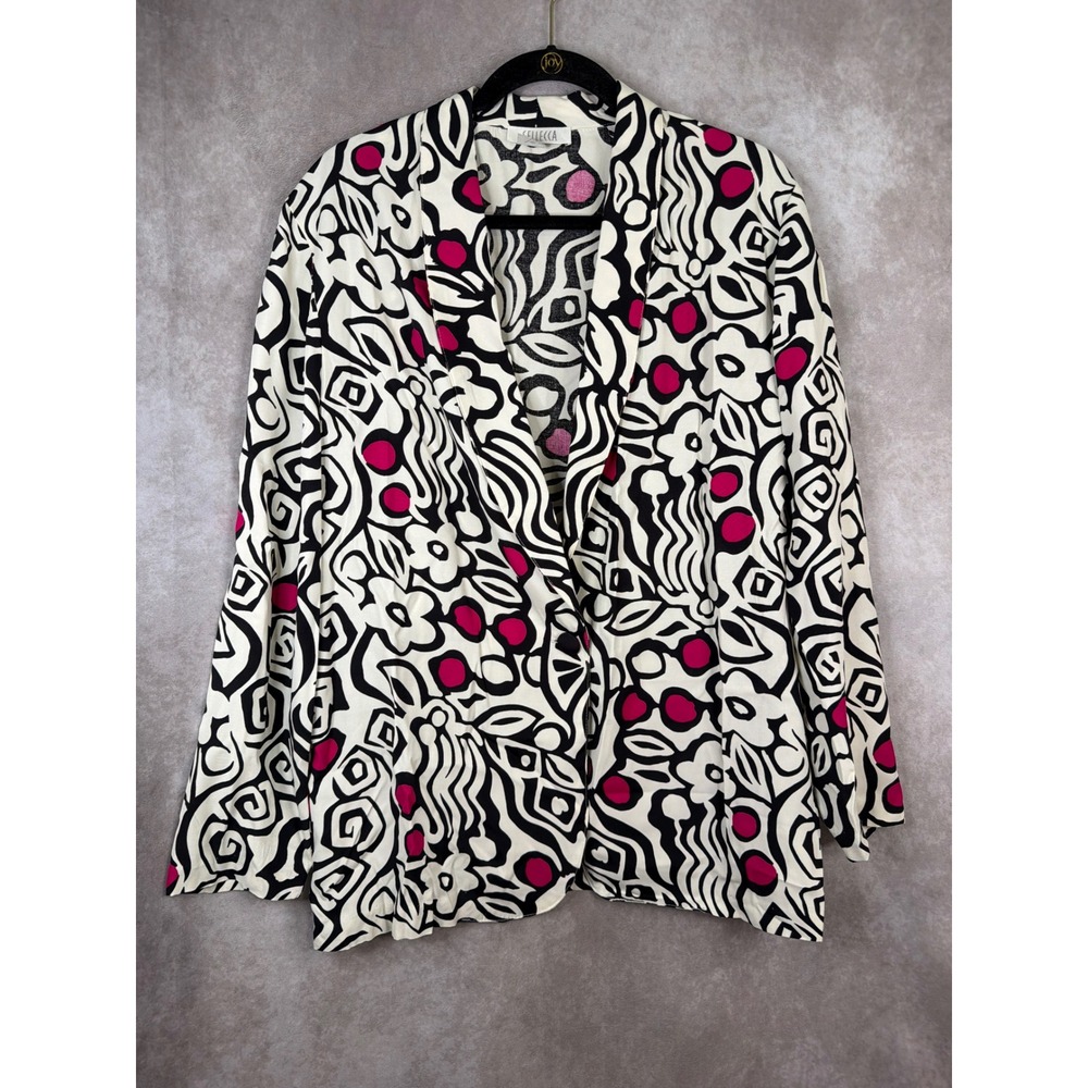 VTG 90s Sellecca Blazer Womens Large Black White Magenta Abstract Graphic Floral